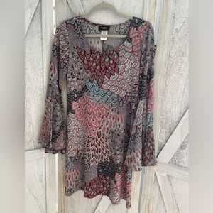 MSK Multicolor Abstract Bell Sleeve Round Neck stretch Dress womens small Autumn